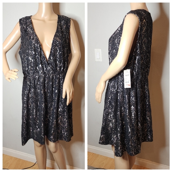 NWT NY Collection Silver Metallic Black Lace Stretch Sleeveless Mini Dress XL - Picture 14 of 16